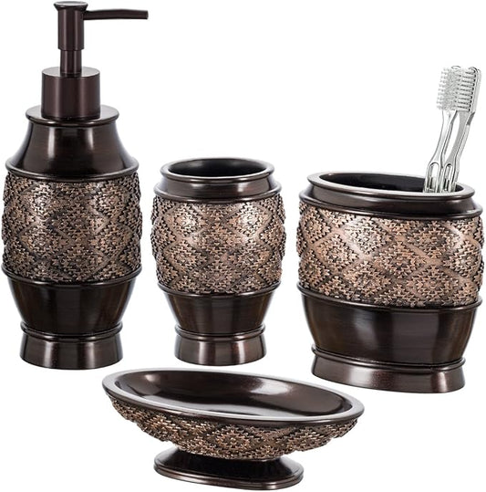 Creative Scents Dublin Brown 4 Piece Bathroom Accessory Set | Includes Soap Dispenser, Toothbrush Holder, Tumbler Cup & Soap Dish
