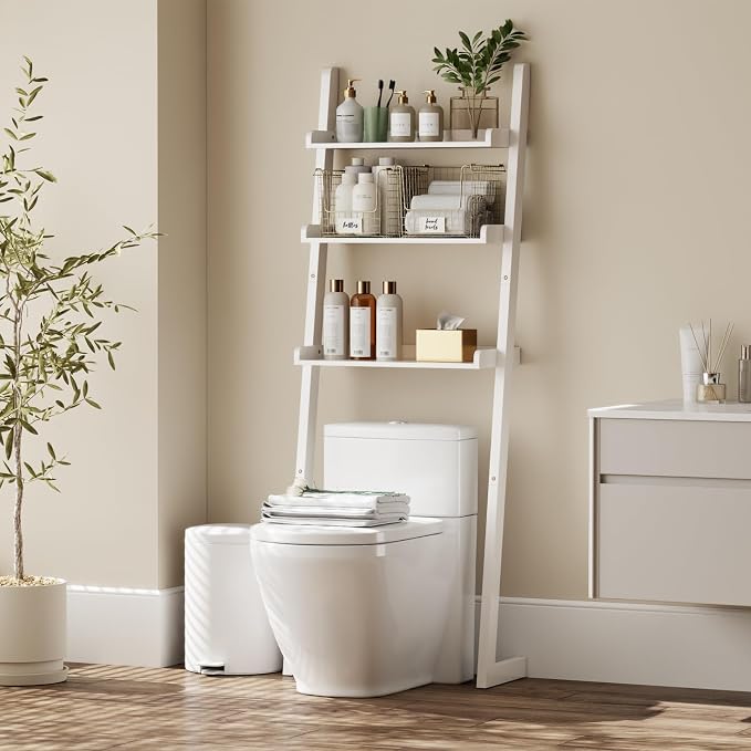 Over The Toilet Storage Shelf Wood, 3-Tier Above Toilet Organizer Rack, Freestanding Above Toilet Shelf for Bathroom, Laundry, Space Saver, White Color.