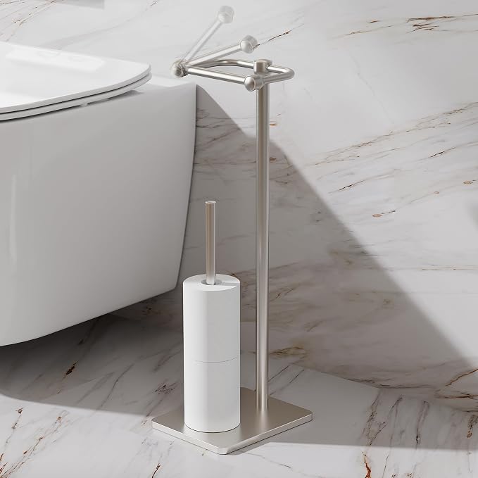 RUACQ Bathroom Toilet Paper Holder Stand with Storage, Brushed Nickel | Pivoting Free Standing Toilet Roll Holder, Holds 4 Reserve Rolls, Anti-drop design, Weighted Base, 304 Stainless Steel