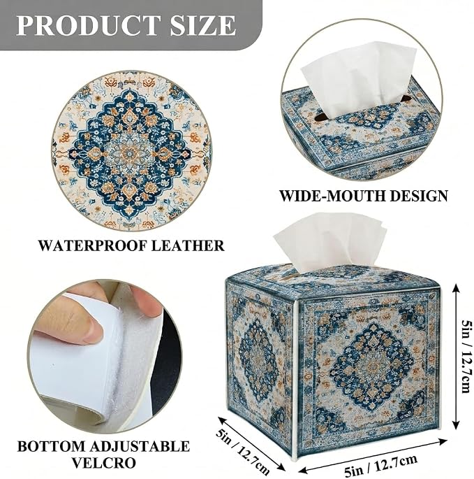Tissue Box Cover Holder Square - Vintage Boho PU Leather Decorative Organizer, Ethnic Carpet Pattern Design Inspired, with Bottom Belt for Bathroom Car Office Tabletop Home, 5x5 Inch (Blue&White)