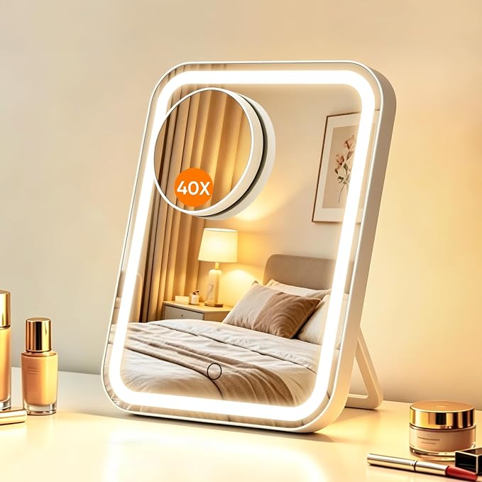 FUNTOUCH 5000mAh Large Lighted Vanity Makeup Mirror with 40X Magnifier | 96 LED Lights Rechargeable 12.1"x 10.2"Large Size,3 Lighting Modes,Adjust Brightness & 360°Rotation,Women's Gift,for Bedroom