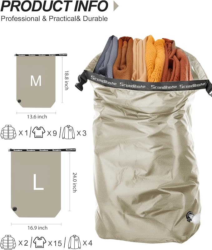 Travel Laundry Bag, Pump-Free Vacuum Compression Dirty Clothes Bag, Medium Reusable Waterproof & Washable Laundry Bag, Wet and Dry Bag, Ideal for Suitcases, Laundromats (1 Pack) Gray