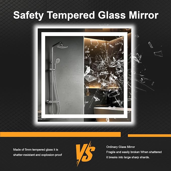30x30 LED Bathroom Mirror with Lights, Lighted Vanity Mirror for Wall | Front and Backlit, Anti Fog, Dimmable 3 Color Lighting, Memory Function, Shatter Resistant Glass, Plug in or Hardwired