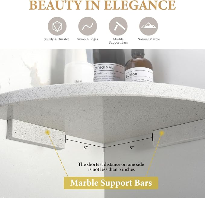 Natural Marble Corner Shower Shelf for Bathroom, 10'' Polished Marble Corner Shelves, Wall Mounted Stone Corner Shower Caddy, No Drilling Adhesive Shelf - White Cliff (No Glue Included)