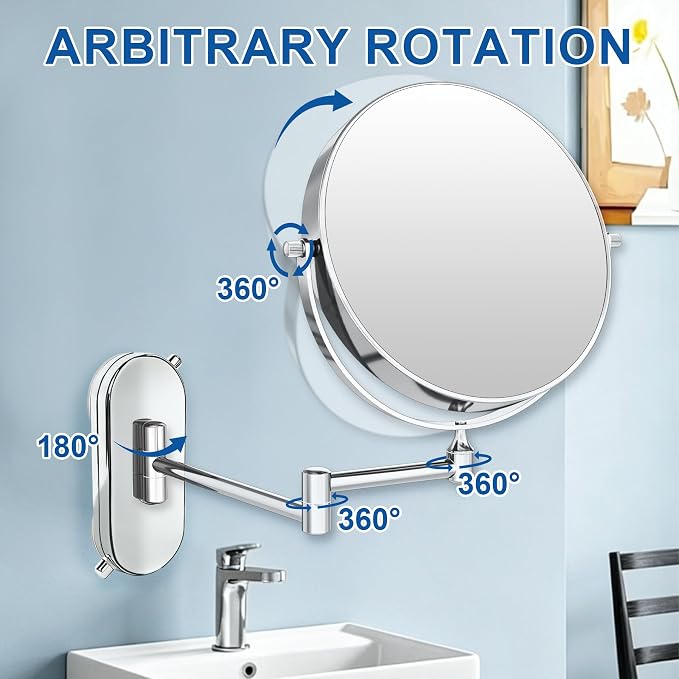 8“ Suction Cup Makeup Mirror Wall Mounted No Drilling, 1X/10X Magnifying Mirror Wall Mounted Makeup Mirror Swing Arm 360° Rotation, Wall Mount Powerful Suction Cup for Bathroom & Shaving Chrome