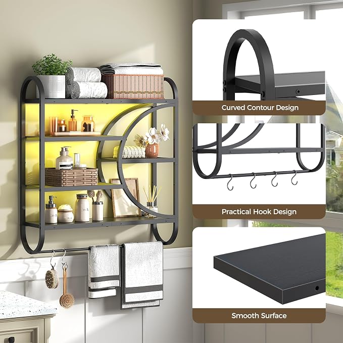 HOOBRO Gaming Floating Shelves with LED Lights, 28.9" LED Wall Mounted Shelf, 5-Tier Display Rack for Wall Storage, Floating Rack with Hanging Rod and 4 S-Hooks, for Game Room, Black BB50DBJ01