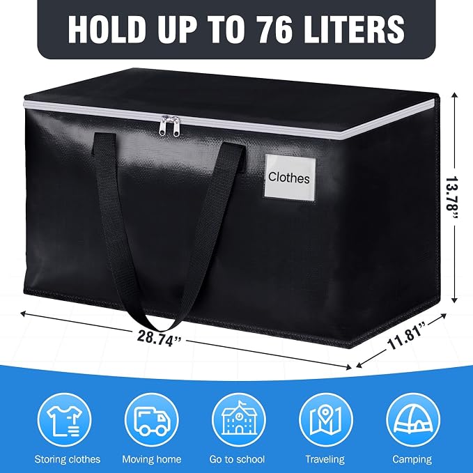 Heavy Duty Moving Bags, Extra Large Storage Bags, 76L, 8-Pack, Black | Foldable, with Zippers, Tag Pocket & Handles, Reusable, Space-saving, Water-Resistant, for moving & storage, Versatile Use