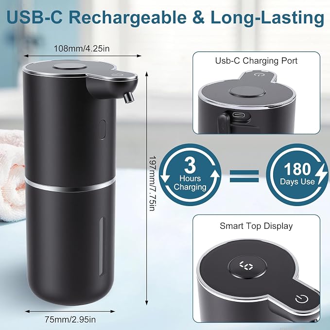 Automatic Soap Dispenser, Hand Soap Dispenser 12.8oz/380ml Smart Rechargeable, Liquid Touchless Soap Dispensers with 6-Level, Wall Mounted or Countertop Dish Soap Dispensing for Bathroom & Kitchen