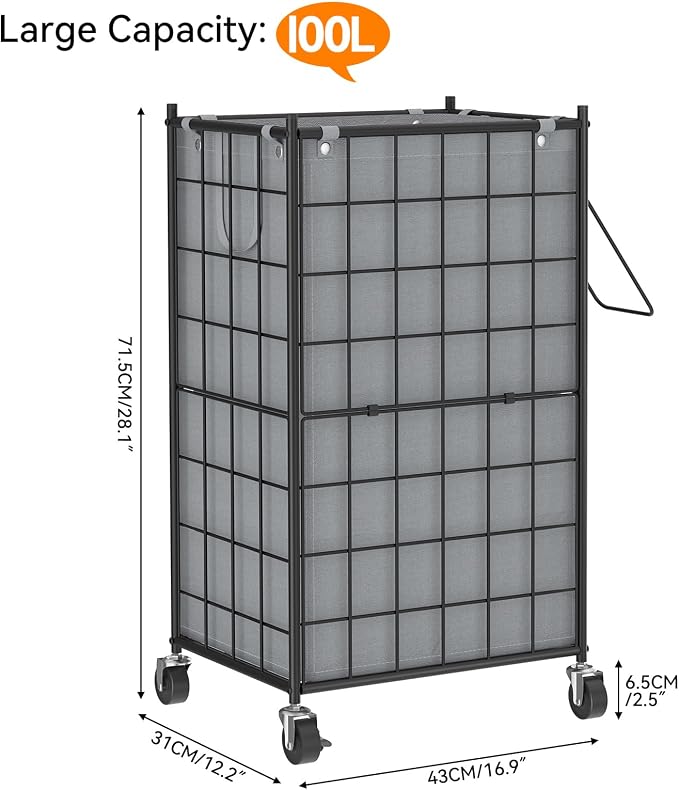 WOWLIVE Rolling Laundry Basket, Metal Wire Frame Laundry Hamper with Wheels | Hamper with Removable Bag, 100L Dirty Clothes Hamper Organizer Dorm Room Storage for Bedroom, Bathroom, Grey