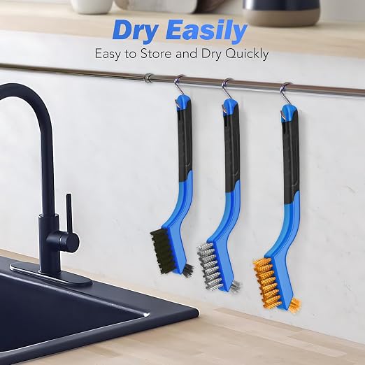 Wire Brush Set, 6 Pcs Stainless Steel/Brass/Nylon Wire Brushes | Blue, 7" Total Length for Tight Spaces, For Cleaning with Curved Handle Grip for Rust Removal, Dirt, Paint Scrubbing