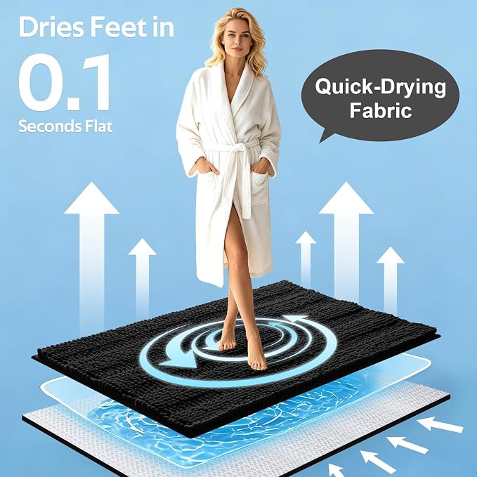 Striped Black Bathroom Rug Mat Set 2 piece 24"x17"+48"x20" Ultra Soft, Non Slip Chenille Bath Rugs, Absorbent Plush Shaggy Bath Mats for Bathroom, Bedroom, Kitchen, Shower, Tub