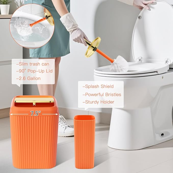21PCS Bathroom Sets with Shower Curtain and Rugs Bathroom Accessories Set Orange Bathroom Set Complete with Trash Can, Toilet Brush, Qtip Holder & 3PCS Soap Dispenser