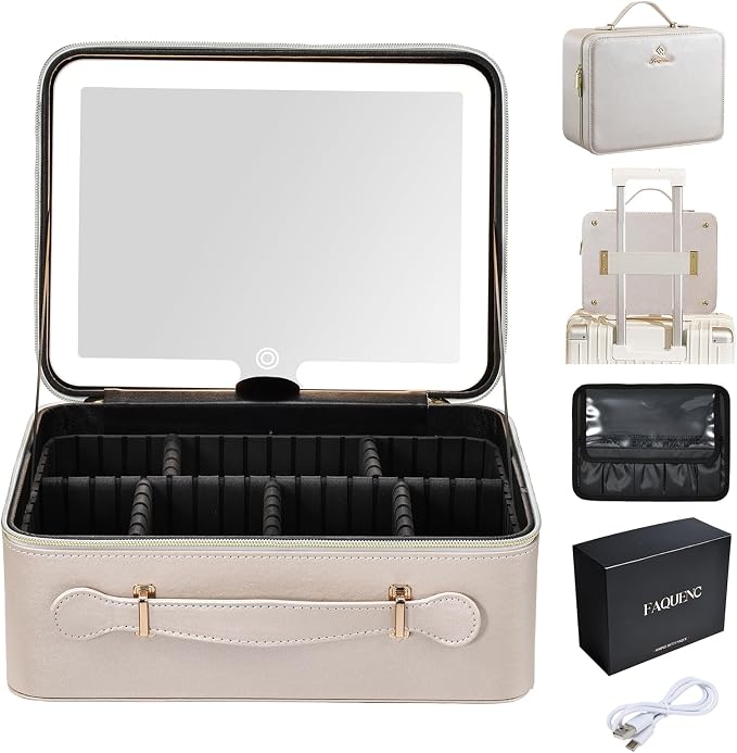 Faquenc Leather Makeup Case with LED Lighted Mirror 11.4 Inch Travel Makeup Bag Adjustable Brightness in 3 Colors Cosmetic Organizer Artist Storage Bag with Dividers Brush Holder Bag Vanity Pale Gold