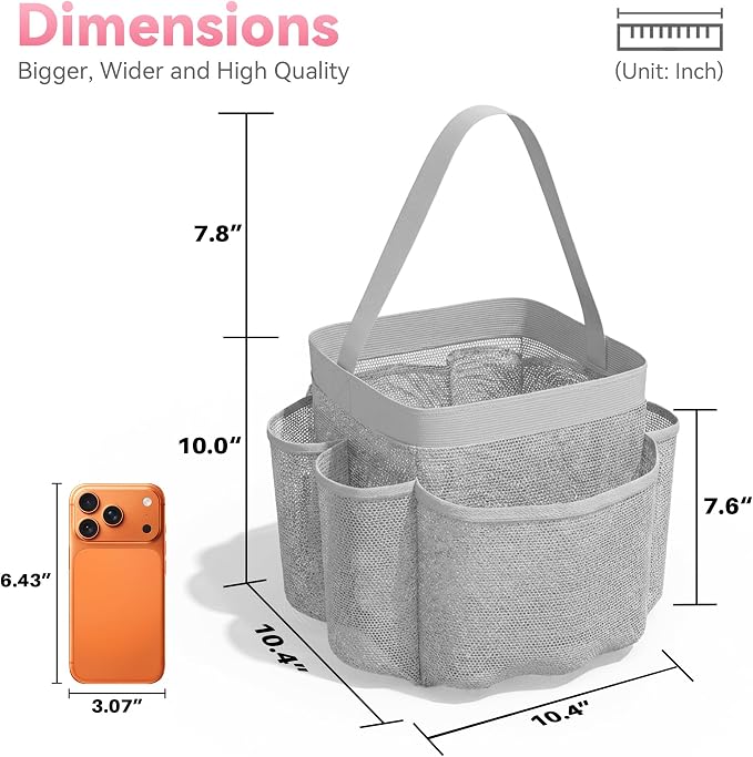 Mesh Shower Caddy Portable for Dorm College Room Essentials, 8-Pocket Large Shower Bag with Single Handles, Hanging Shower Basket for Beach, Swimming, Bathroom, Beach, Grey
