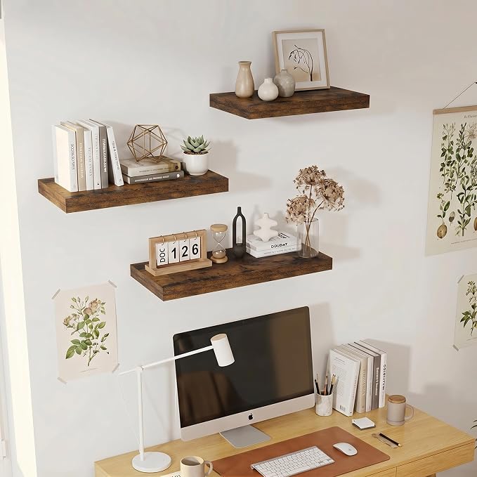 Vivelove Deep Floating Shelves 36x12” Set of 2, Rustic Brown | Easy Install With Hardware, 2" Thick, Invisible Brackets, Wall Mounted, No Sagging, For Any Room