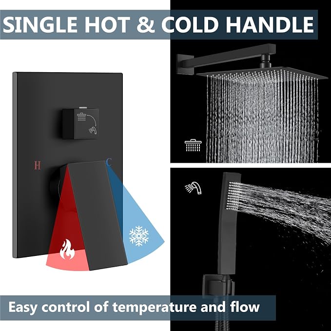 Aolemi Shower Faucet Set with Handheld Matte Black 16 Inch Head | Pressure Balance Shower Valve and Trim Kit,SUS304 Rain Head and Handle System,All Metal,Wall Mount,Bathroom,Handheld Spray