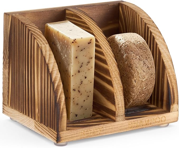 Wooden Shampoo Bar Holder Multi Bar Soap Dish with Self Draining, 2 Slot, Natural Soap Holder for Shower Conditioner Bathroom Organizer, Keep Dry and Neat, 4.33 x 3.35 x 3.15 Inch