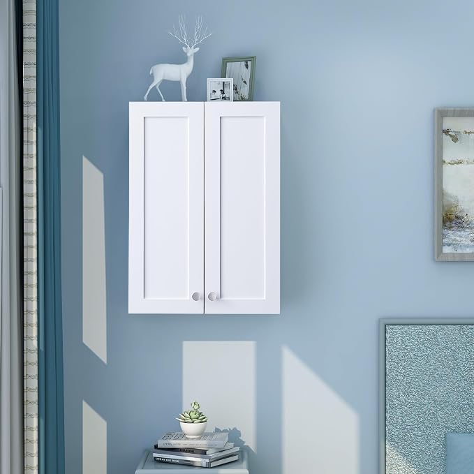 VANIRROR White Wall Mount Cabinet, MDF Over the Toilet Storage Cabinet | Medicine Cabinet with Adjustable Shelves, Space Saver 2 Door for Bathroom Laundry Kitchen,19x 27 inch