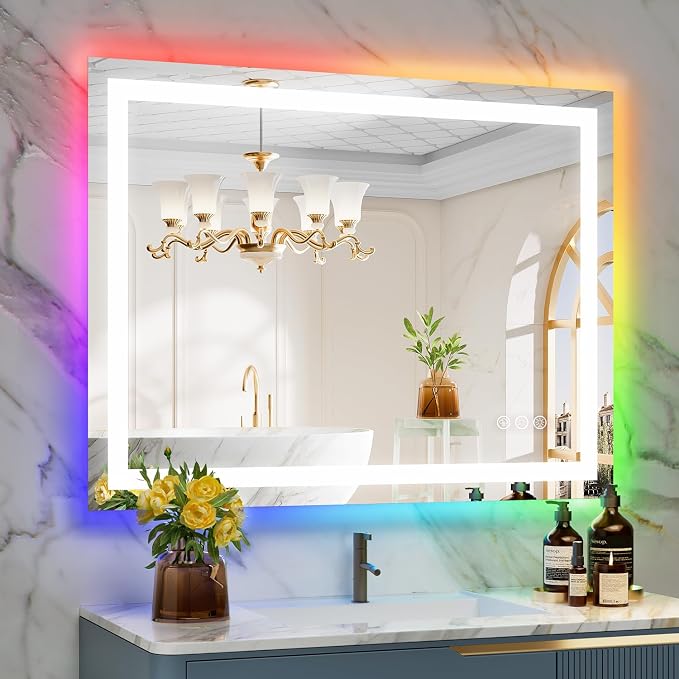 40x30 Inch RGB LED Bathroom Mirror Front Light and RGB Backlit Lighted Vanity Mirror for Bathroom Wall Mounted Dimmable Anti Fog Memory Shatter-Proof IP54 Waterproof Horizontal/Vertical
