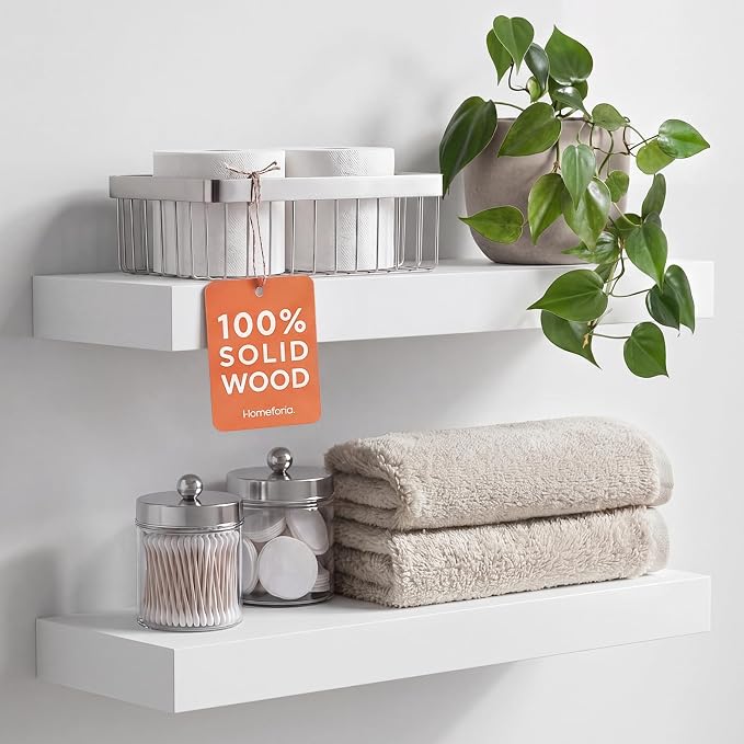 White Floating Shelf 20 inch, High End Solid Real Wood 20inch Bathroom Floating Shelves for Wall Mounted, White Wooden 20in Floating Shelves, Heavy Duty Bracket, 20 X 6.5 X 1.75 in, Set of 4