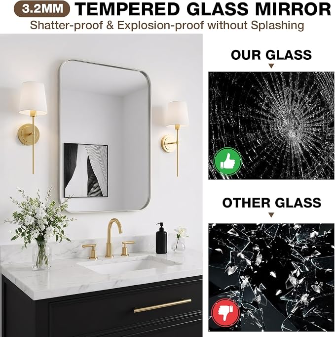 12"x16" Bathroom Mirror for Over Sink, Brushed Nickel Vanity Mirror | Aluminum Alloy Frame, Clear Reflection, Rust-Resistant, Vertical or Horizontal, Wall Mount, Bedroom and Entryway
