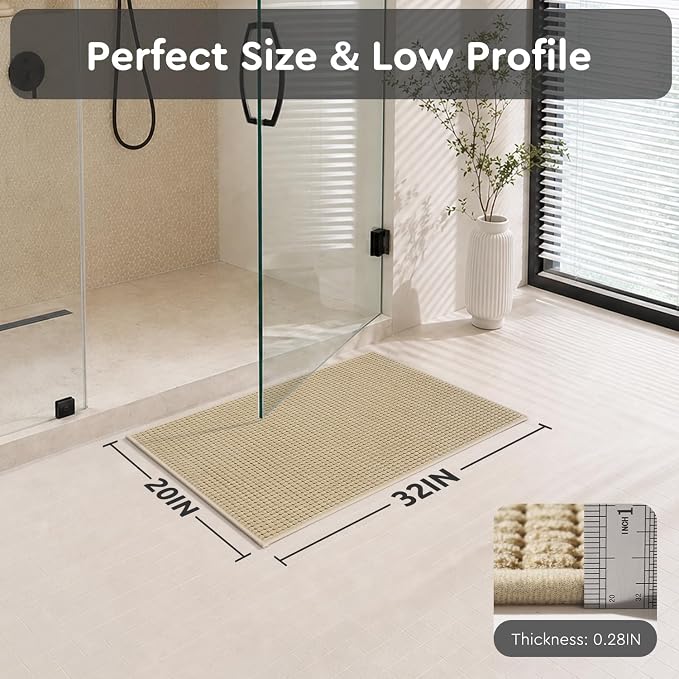 tchdio Bath Mat, Absorbent Bathroom Mat Quick Dry, Thin Bathroom Rugs Fit Under Door, Non Slip Washable Bath Rugs with Solid Rubber Backing, Low Profile Bath Mats for Bathroom, Beige, 20" x 32"