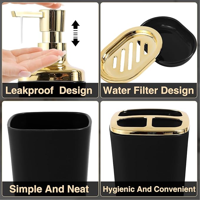 Bathroom Sets with Shower Curtain and Rugs Bathroom Accessories Set Black Bathroom Set,Soap Dispenser & Toilet Brush Holder Set with Stainless Steel Trash Can(23 PCS)