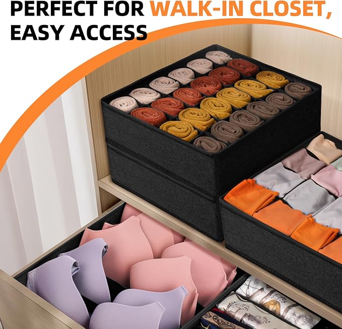 6 Pack Sock Underwear Drawer Organizer Dividers - Dresser Organizer for Baby Clothes - Closet Organizers and Storage for Bedroom Essentials for Dorm Room/New Home/Apartment (Black)