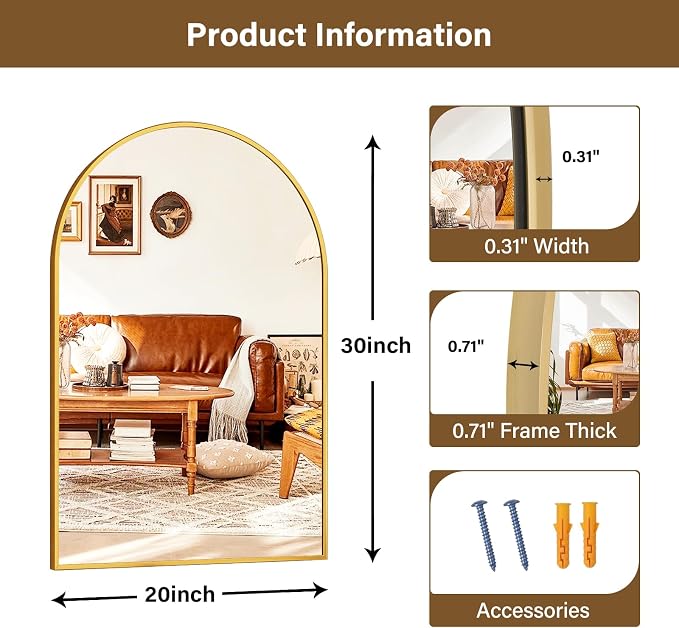 XRAMFY 20"x30" Gold Arched Bathroom Mirror - Wall Mirror for Bathroom, Metal Frame Vanity Mirror, Dresser Mirror, Arch Decorative Mirrors for Living Room, Bedroom, Entryway, Mantle
