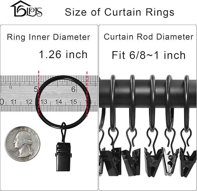LLPJS 100 Pack Curtain Rings with Clips, Curtain Clip Rings Hooks, Bow Hanger Clips for Hanging Drapery Drapes Bows, Ring 1.26 inch Interior Diameter, Fits up to 1" Rod, Black