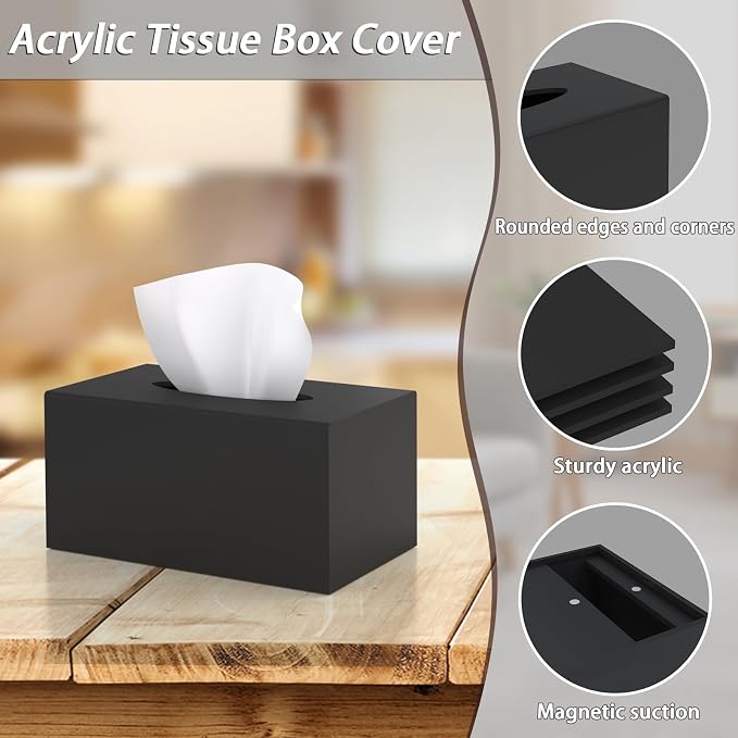 SILUT Tissue Box Cover Rectangular, Extra Large Tissue Box Cover, Plus Size Tissue Box Holder, Acrylic Tissue Holder for Bathroom, Restaurant, Kitchen - Matte Black, 9.85x5.1x5.28''