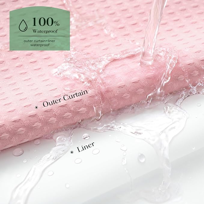 Pink Hook Free Waffle Shower Curtain & Snap-in Fabric Liner,72x87 | Less Time to install, 3 in 1 Fabric Shower Curtain and Liner Set with Magnets, Extra Long, Shower Curtains for Bathroom