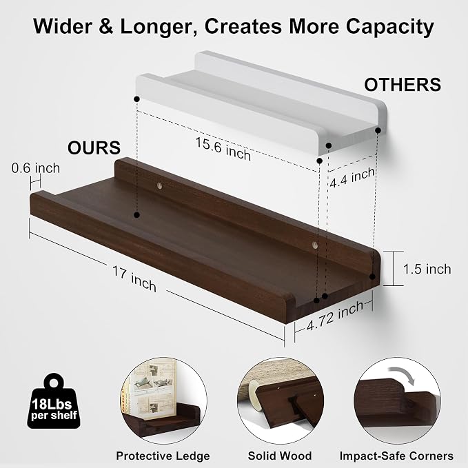 Love-KANKEI 17" Floating Wall Shelves with Lip,Solid Wood,Set of 2,Walnut | Protective Ledge,18 Lbs/shelf,Easy to Install,For Bedroom Living Room Bathroom Kitchen Office,Nursery Display,Wall Decor