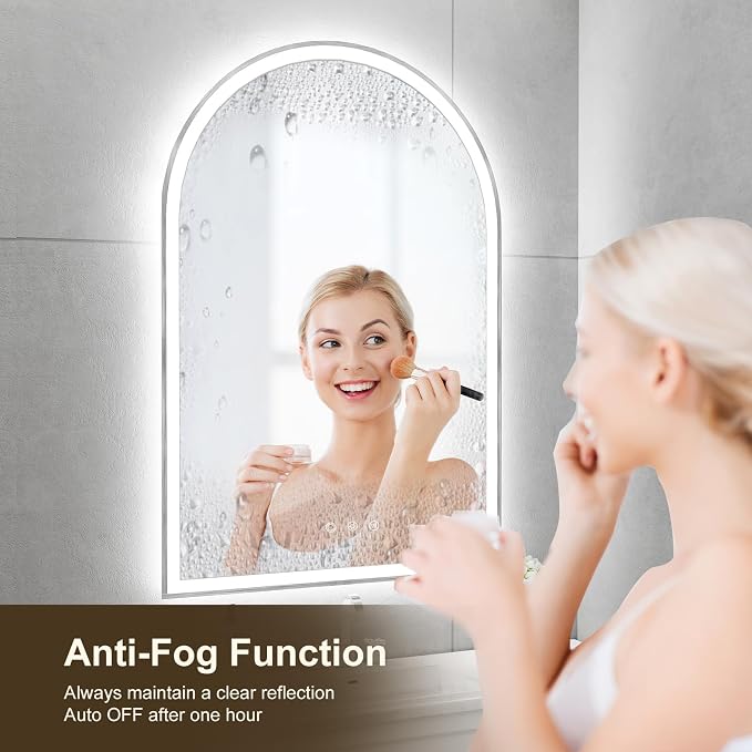 24"x36" Arched LED Lighted Bathroom Mirror with Lights | Silver Aluminum Frame, Fogless, Dimmable, Shatterproof, Touch Sensor, 3 Color Changing
