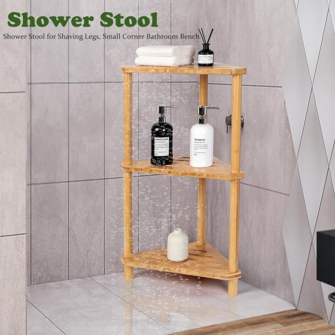 Corner Shelf Shower Caddy Stand 3-Tier,Standing Bathroom Organizer | Bamboo,Large Capacity Shower Storage,Space-Saving,Anti-Slip Feet,Waterproof,Easy to Assemble,Durable,Bath,Living Room,Kitchen