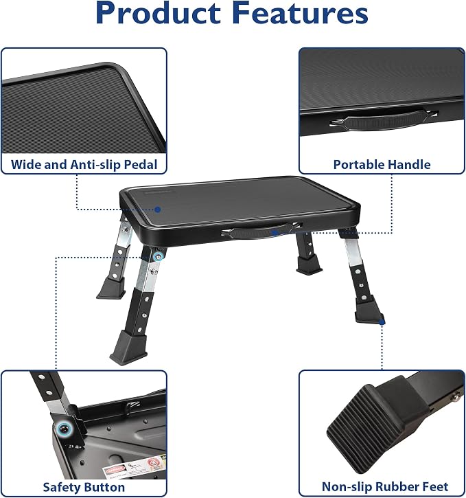 BONTEC Folding Step Stool, 3-Level Adjustable Metal Step Stool, 330lbs | Heavy Duty Folding Foot Stool with Anti-Slip Pedal and Locking Legs, Portable Stepping Stool for Kids, Kitchen, Home, Office