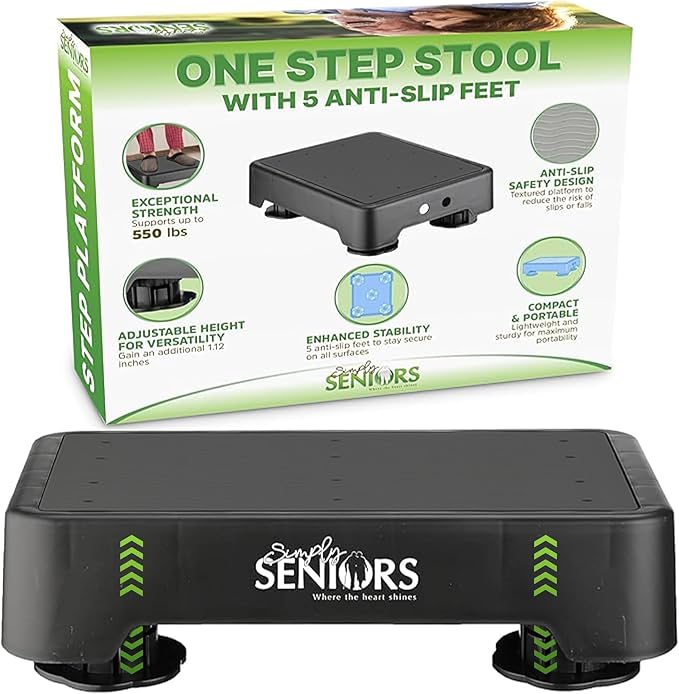 Simply Seniors Small Step Stools for Adults - Black Stepping Stool Platform | Bed Steps for High Beds for Adults - Heavy Duty Mobility Aid for Seniors & Kids - Plastic Device for Kitchen Bathroom Toilet