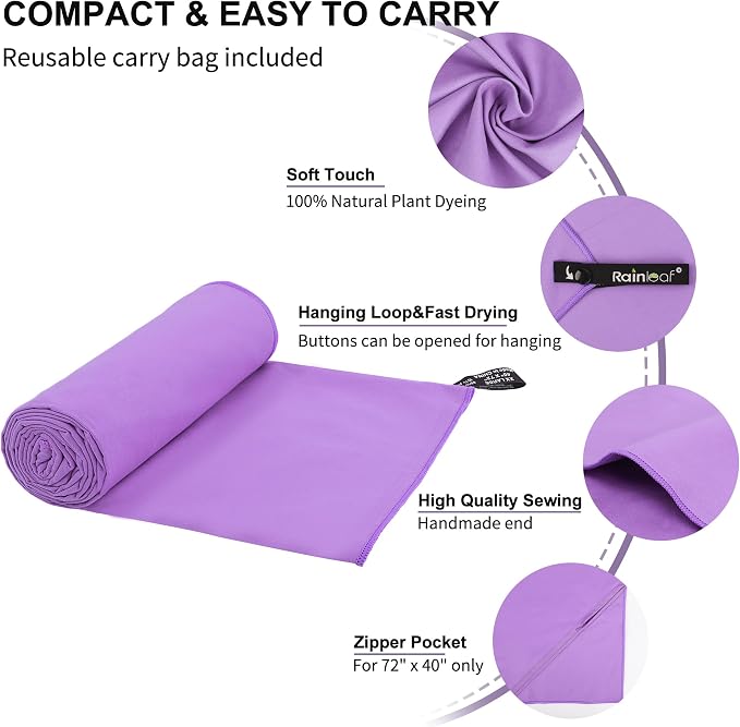 Rainleaf Microfiber Towel Quick Dry Camping & Travel & Gym Towel. Compact | Super Absorbent, Lightweight, Fast Drying. Suitable for Beach, Bath, Backpacking, Hiking, Swim.