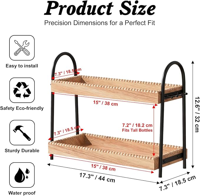 Bathroom Organizer Countertop Tall 2-Tier Waterproof 20+ Bottles 8 Hooks | Tall design for family bathroom/vanity, fits tall perfume/skincare, paulownia wood shelf, 8 hooks keep jewelry tidy, non-slip
