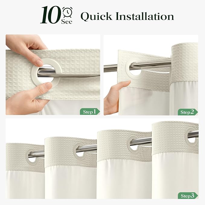 Cream Hook Free Waffle Shower Curtain & Snap-in Fabric Liner,60x75 | Less Time to install, 3 in 1 Fabric Shower Curtain and Liner Set with Magnets, Stall, Shower Curtains for Bathroom