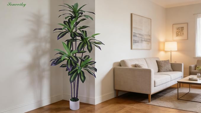6ft Artificial Dracaena Tree for Home Decor, Potted Faux Plant with Realistic Wood Trunk & Lifelike Leaves, Low Maintenance Tall Floor Tree for Living Room, Office Sonvviky (6ft)