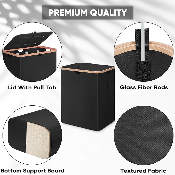 BALEINE Laundry Hamper with Lid, Tall Laundry Baskets with Bamboo Pull Handles, Large Laundry Bin with Internal Support (36 Gal/140L, Black)