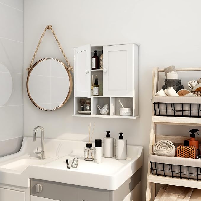 TaoHFE White Bathroom Wall Cabinet with 2 Door Adjustable Shelves | Over The Toilet Storage White Wall Mounted Medicine Cabinets for Bathroom Laundry Room Kitchen