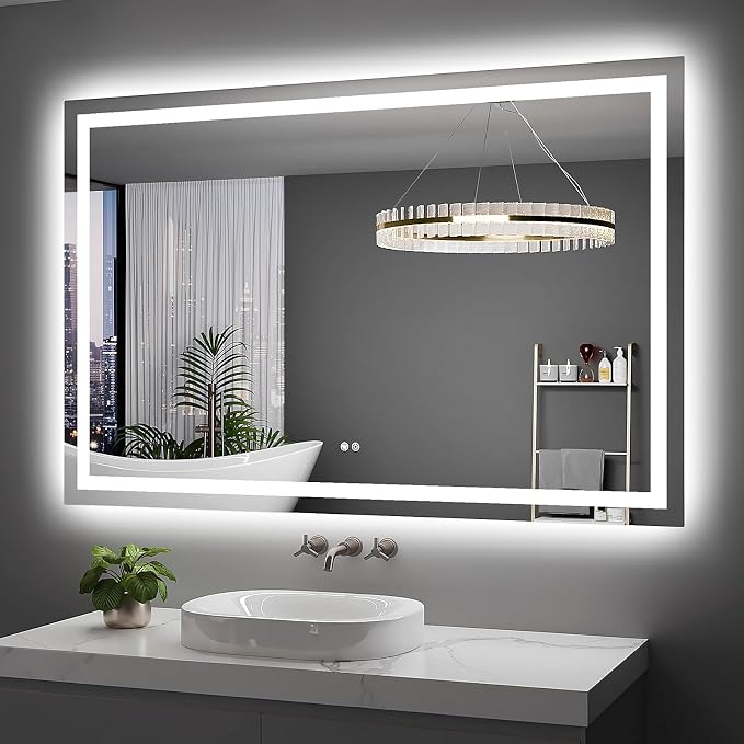 LED Bathroom Mirror 55"x36" Inch Lighted Bathroom Vanity Mirror with Lights, Large, Brighter Frontlit and Backlit Light up Anti Fog Mirror, Tempered Glass, 3-Color Dimmable, Memory Function