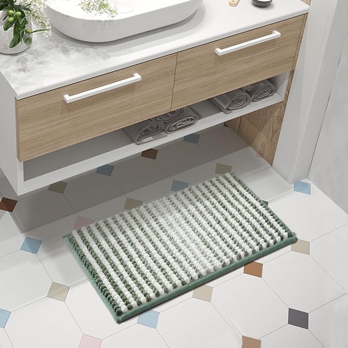 FRESHMINT Chunky Ombre Chenille Bathroom Rug, Sage Green & White, 17"x24" | Water Absorbent, Soft Bath Rugs for Bathroom Floor, Thick Non Slip, Washable Quick Dry