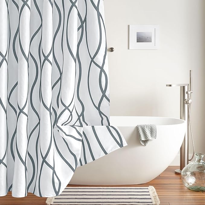 Biscaynebay Extra Long Textured Fabric Shower Curtain 72 W x 84 L, Dark Grey Printed Striped Linen Modern Hotel Luxury Quality Cloth Bathroom Curtains Machine Washable