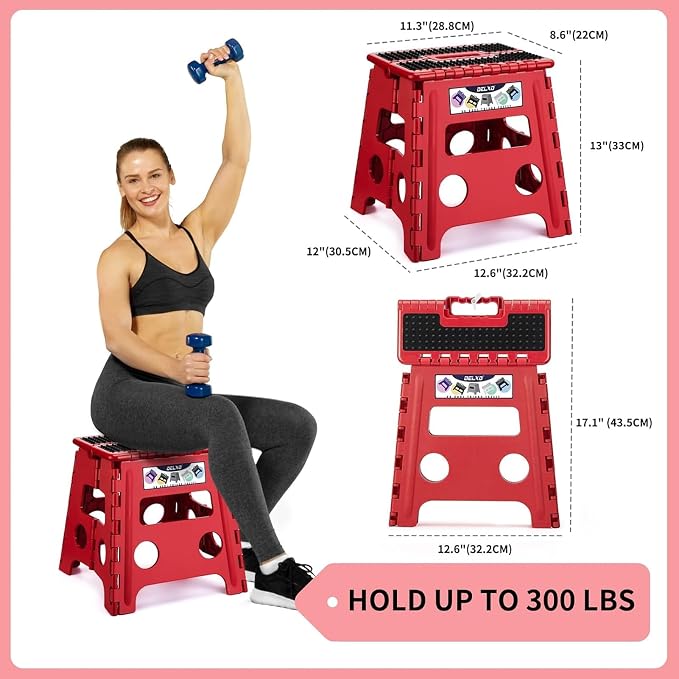 Delxo Folding Step Stool 13 Inch,300 Lbs Step Stool for Adults Red | Foldable Step Stool 13",Non-Slip Foot Stools with Handle,Lightweight Collapsible stools for Kitchen,Bathroom,Bedroom,Garden
