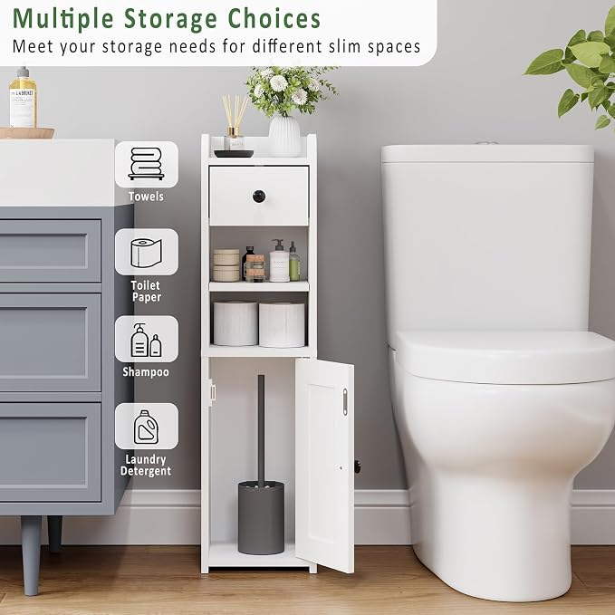 Lomojo Small Bathroom Storage Cabinet with Drawer,7.75L*7.75D*29.6H (White) | Narrow Toilet Paper Holder, Corner Floor with Doors for Small Space, Adjustable Shelf Organizer