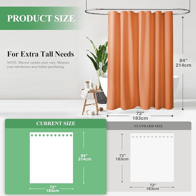 Extra Long Waffle Shower Curtain 256 GSM Fabric 72x84 Burnt Orange | 84 Inch Long, Thick Polyester Cloth, Weighted Hem, Water Repellent, Washable, Tall Hotel Bathroom Shower Curtain Set 12 Hooks