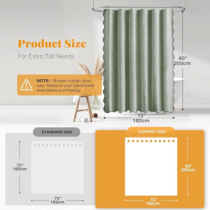 72x80 Boho Scalloped Linen Textured Cloth Shower Curtain, Sage Green | Long Size, 230GSM Waterproof Polyester, Heavy Duty Fabric, 12 Plastic Hooks, Elegant Modern Farmhouse Style, Machine Washable